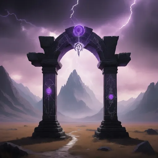 Prompt: 
	2.	The Guardian of the Portal: In a desolate landscape dominated by jagged mountains and threatening skies, an ancient stone portal rises, adorned with intricate runes and arcane symbols. Before the portal stands a gigantic and menacing being, with cracked stone skin and glowing eyes. The ground around it is barren and lifeless, as if its very presence has drained the area of all life. The sky above is streaked with violet lightning, and a cold wind blows through the mountains, carrying whispers of ancient curses.