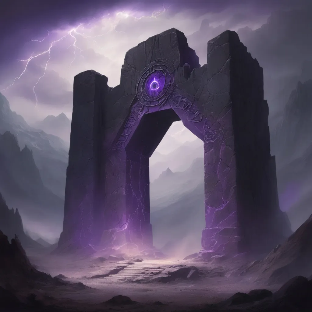 Prompt: 
	2.	The Guardian of the Portal: In a desolate landscape dominated by jagged mountains and threatening skies, an ancient stone portal rises, adorned with intricate runes and arcane symbols. Before the portal stands a gigantic and menacing being, with cracked stone skin and glowing eyes. The ground around it is barren and lifeless, as if its very presence has drained the area of all life. The sky above is streaked with violet lightning, and a cold wind blows through the mountains, carrying whispers of ancient curses.