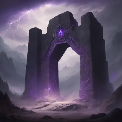 Prompt: 
	2.	The Guardian of the Portal: In a desolate landscape dominated by jagged mountains and threatening skies, an ancient stone portal rises, adorned with intricate runes and arcane symbols. Before the portal stands a gigantic and menacing being, with cracked stone skin and glowing eyes. The ground around it is barren and lifeless, as if its very presence has drained the area of all life. The sky above is streaked with violet lightning, and a cold wind blows through the mountains, carrying whispers of ancient curses.