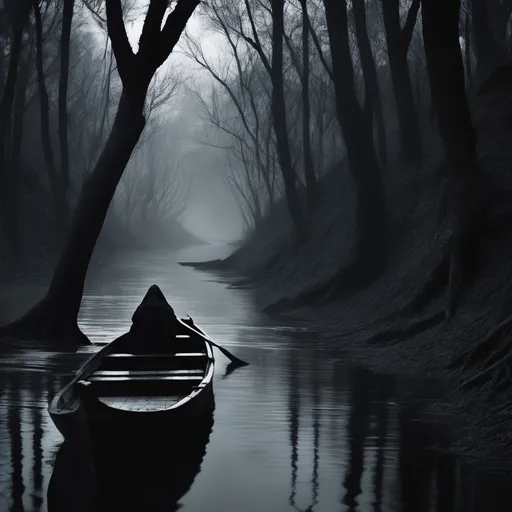 Prompt: 	The River of Spirits: On a starless night, a pitch-black river flows through an eerie forest. The waters of the river are calm but conceal tormented faces that appear fleetingly on the surface, like spirits trapped in eternal torment. On one bank, an ancient wooden boat, guided by a hooded figure, waits silently, ready to ferry lost souls into the unknown. The trees along the river seem alive, with branches extending like claws ready to snatch anyone who dares approach. The only sound is the whisper of the wind through dry leaves, carrying with it promises of dark secrets.