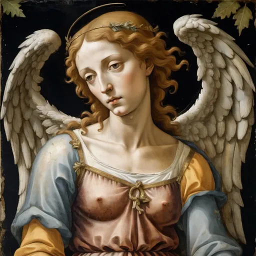 Prompt: Angel in a Fresco by Italian renaissance master.Object located in Firenze.

create a dark and gloomy imagenery with a ballet of the death between 3 or more characters in the woods