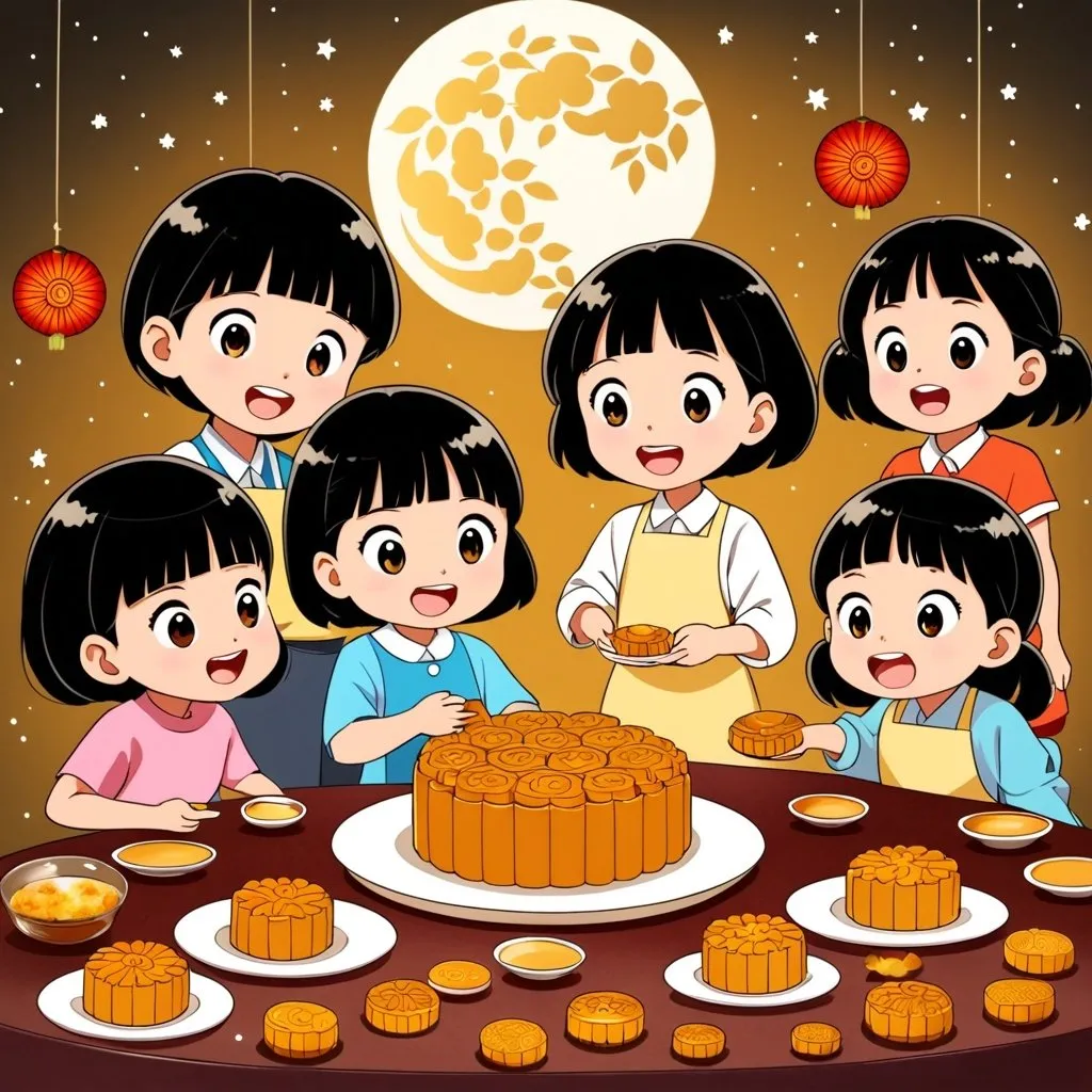 Prompt: animated kids, few kids making moon cake