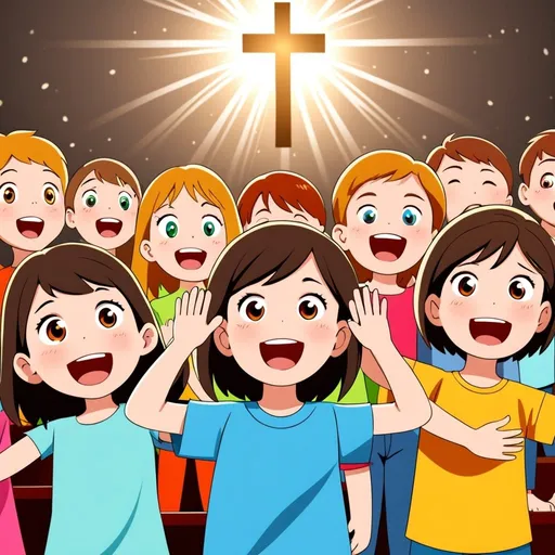 Prompt: animated kids, Christian kids worship at church