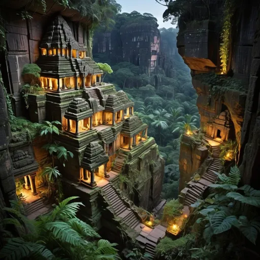 Prompt: Looking from above, Lush jungle with miniature angkor wat in side of cliff edge, steep tall cliffs, Petra, vines and branches swinging from tree to tree, tall trees, ferns, swinging branches connecting large trees, lizard vivarium, steep mossy cliffs, thick vines, detailed foliage, highres, olmec,night time, torches, miniature city, lush greenery, carved stone, atmospheric lighting, detailed,  