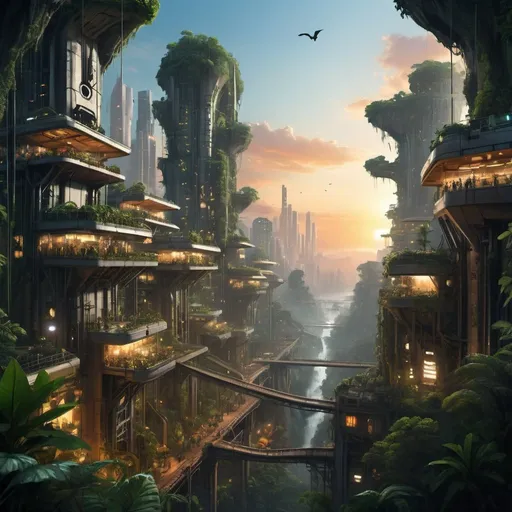 Prompt: Bustling futuristic Industrial sci fi city with a lot of lights emerging from steep cliffs at sunset deep within a dense jungle with a lot of big trees plants and a great big crested gecko up high in the trees. 