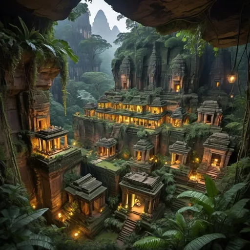 Prompt: Looking from above, Lush jungle with miniature angkor wat in side of cliff edge, steep tall cliffs, Petra, vines and branches swinging from tree to tree, tall trees, ferns, swinging branches connecting large trees, lizard vivarium, steep mossy cliffs, thick vines, detailed foliage, highres, olmec,night time, torches, miniature city, lush greenery, carved stone, atmospheric lighting, detailed,  