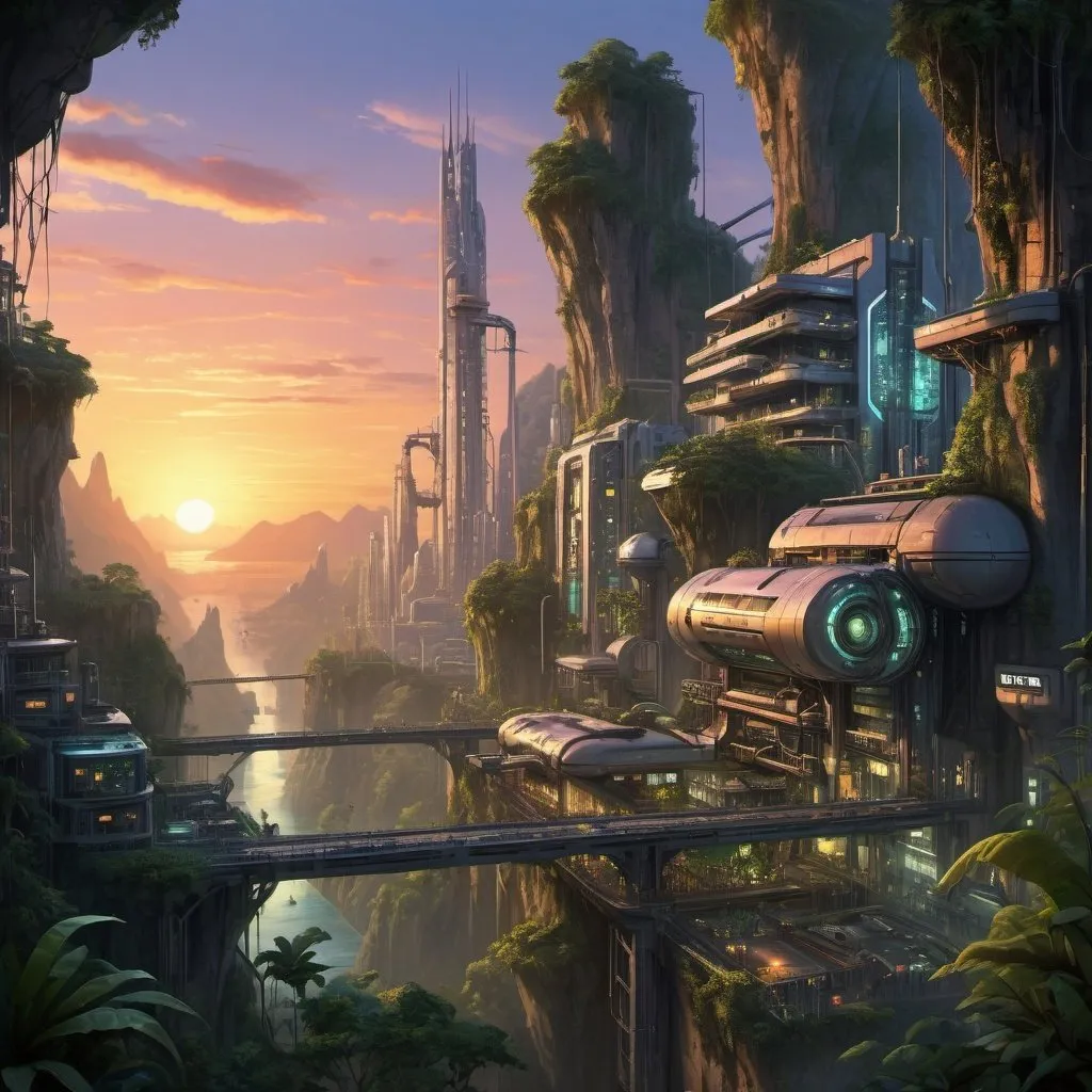 Prompt: Bustling futuristic industrial sci-fi city at sunset, steep cliffs, dense jungle, big trees, plants, crested gecko, high quality, detailed, futuristic, industrial, sunset colors, dense jungle, big trees, plants, crested gecko, city lights, atmospheric lighting