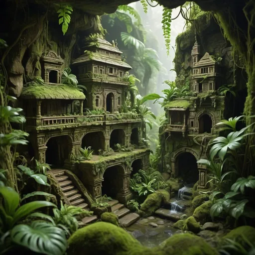 Prompt: Lush jungle with a miniature stone ancient city, lizard vivarium, steep mossy cliffs, thick vines, detailed foliage, highres, tiki, miniature city, lush greenery, carved stone, atmospheric lighting, detailed