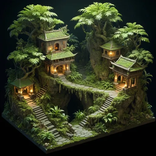 Prompt: Looking from above, isometric, Lush jungle with miniature stone ancient city, branches connecting large trees, lizard vivarium, steep mossy cliffs, thick vines, detailed foliage, highres, tiki, night time, torches, miniature city, lush greenery, carved stone, atmospheric lighting, detailed