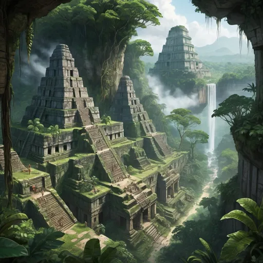 Prompt: Bustling Mayan city in lush jungle, thick branches and vines connecting between trees, lizards in trees, atmospheric, multiple stone structures, steep cliffs, detailed vegetation, vibrant colors, ancient civilization, mystical, highres, atmospheric, lush greens, detailed stones, jungle setting, city, vibrant atmosphere, light rain falling