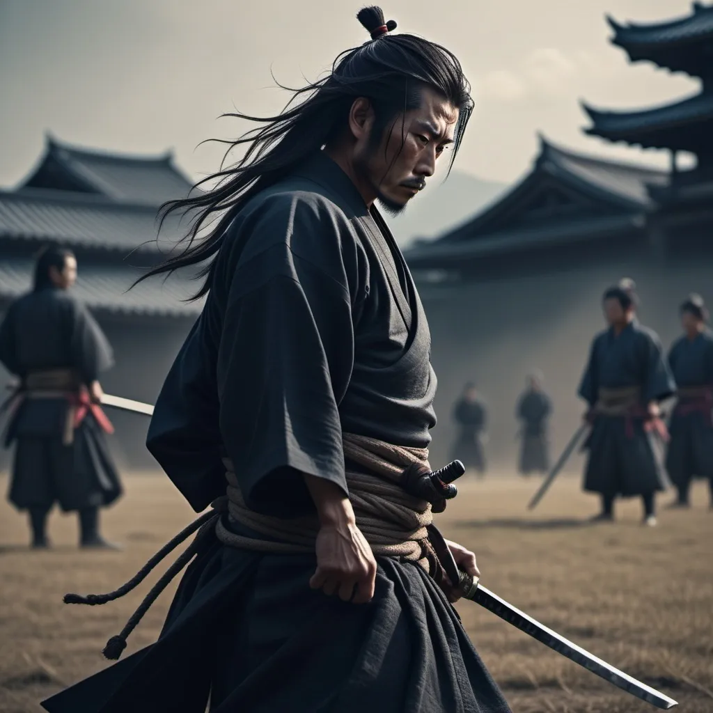 Prompt: Japanese samurai, long tied up hair, stands backwards, traditional robes, in the empty battlefield, epic pose, dramatic lighting, high detail, cinematic quality, 4K clarity, powerful storytelling, intense emotions, detailed textures on sword and surroundings, 