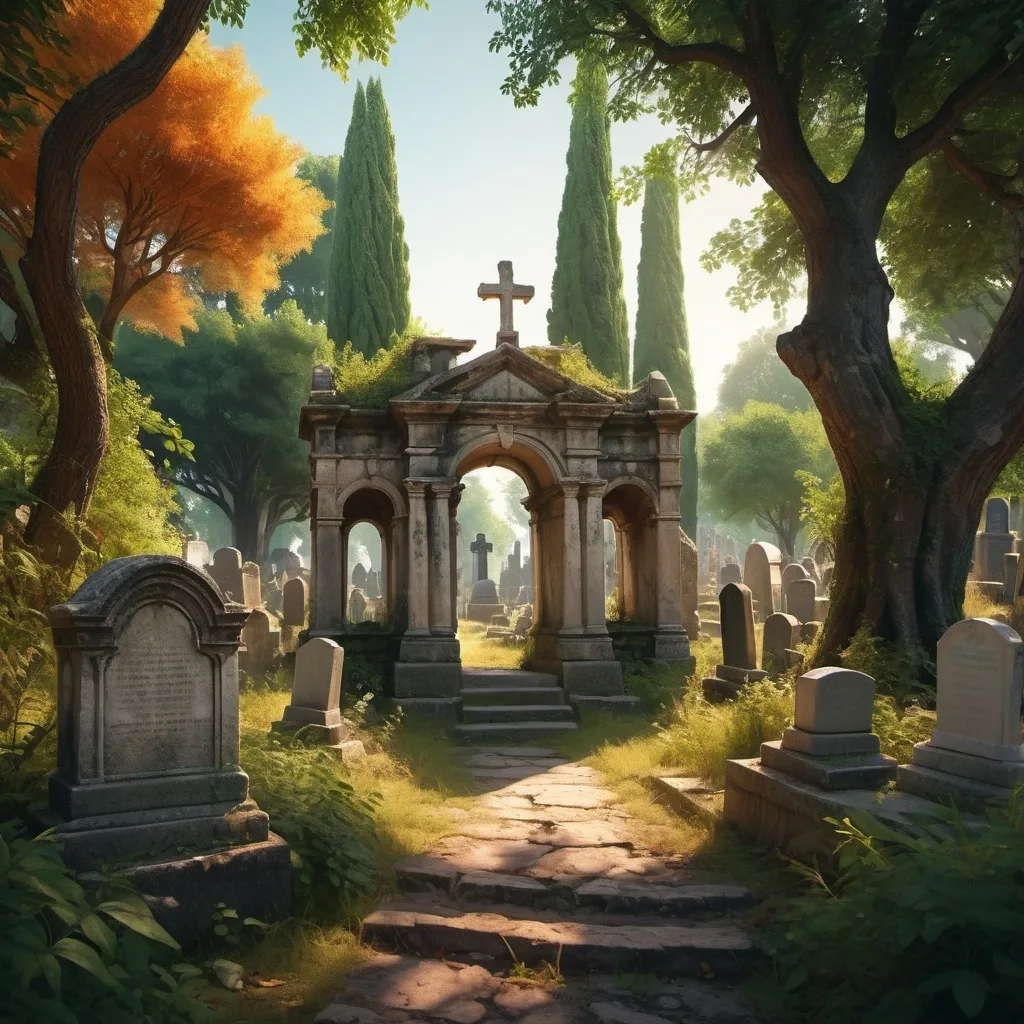 Prompt: (warm) colors, ((person's shade)) wisiting ((ancient cementary)), hyperrealistic, a lot of ((plants))
