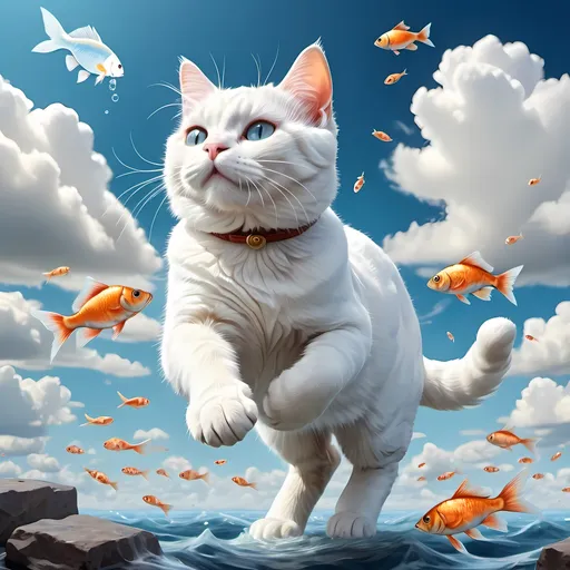 Prompt: Make an art where white cat going to the sky by the ledder, but in the sky is clouds with fish made from water. 8k, good details, details on skin of the cat