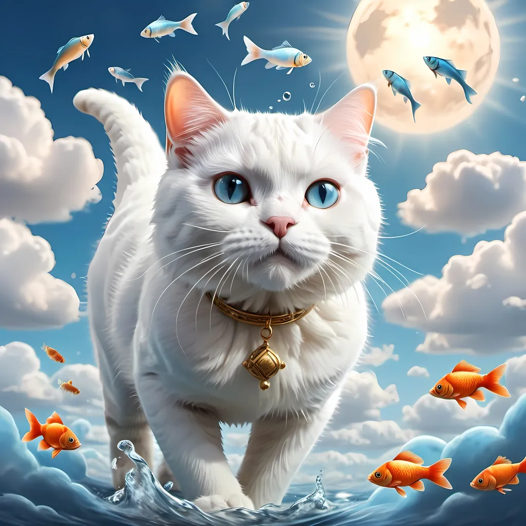 Prompt: Make an art where white cat going to the sky by the ledder, but in the sky is clouds with fish made from water. 8k, good details, details on skin of the cat