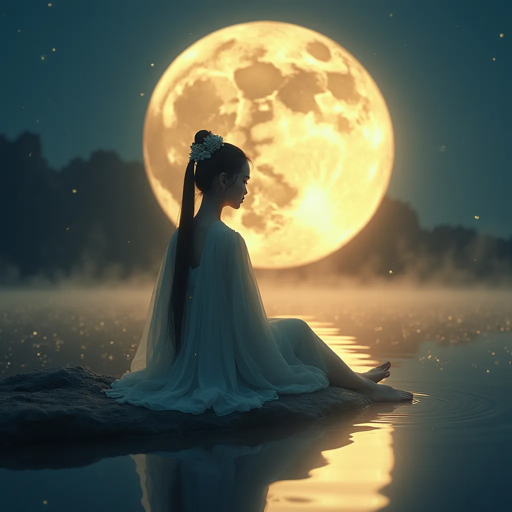 Prompt: masterpiece, best quality, good quality, very aesthetic, absurdres, newest, 1girl, hanfu,see-through, Sitting on the glowing crescent moon, the tranquil lake, reflections, and toes lightly touching the water
