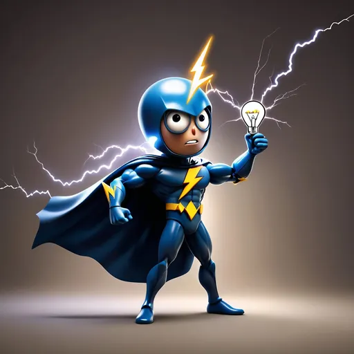 Prompt: Animated figure with a lightbulb head holding onto a real lightning bolt. Image should be made for a logo for an elctrician. It should be like a super hero wearing a cape. Make sure he is standing like a hero stands. Also, make sure there is a cartoon lightning bolt in his hand. Also make sure his head is a light bulb and he's wearing a ball hat.