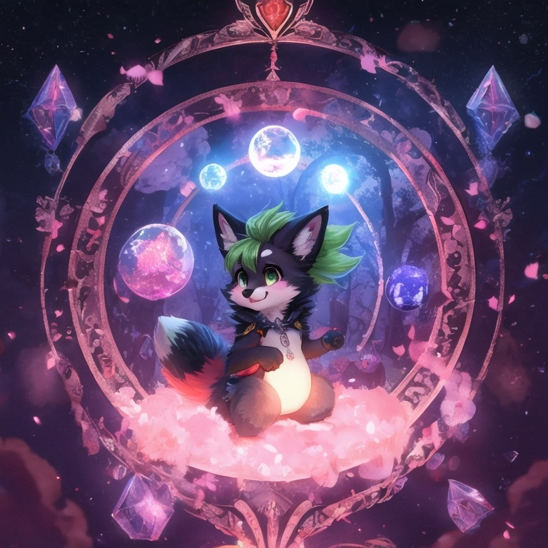 Prompt: Cute, adorable, bunny-fox hybrid, more bunny than fox, in a wizard like setting, fantasy, black fur with pink fur belly and green hair