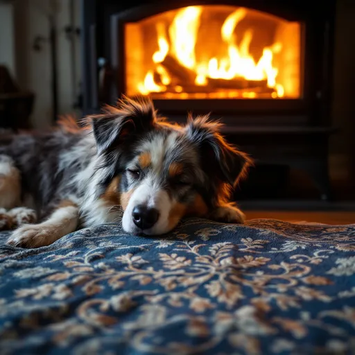 Prompt: Australian Shepherd lounging peacefully, woven deep blue vintage rug, warming ambiance, wrought iron wood stove in the background, flickering flames casting a soft glow through plate glass, cozy atmosphere, detailed textures, high contrast between the blues and the warm tones of the flames, intricate rug patterns, ultra-detailed, 4K quality, inviting interior space, serene and comforting vibe.