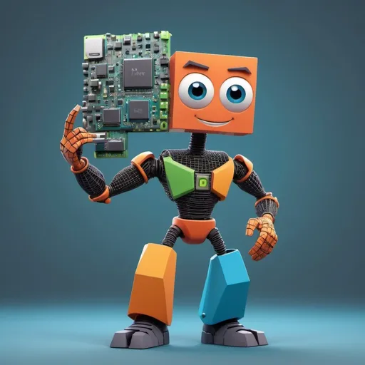 Prompt: A character composed of half 3D mesh and half detailed character, holding aloft a stylized motherboard representing technology and craftsmanship. (This could be a good option for a tech company)
Style: Pixar-inspired, playful, low-poly mesh
Colors: Vibrant primary and secondary colors