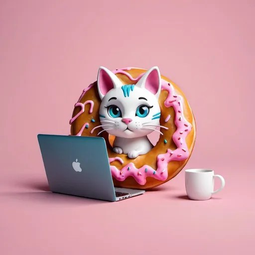 Prompt: create a logo for 3d artist like a cat in the center of donut with laptop