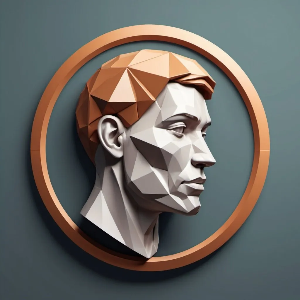 Prompt: Circular emblem logo for a 3D character artist, featuring a stylized human head being sculpted from polygons.
