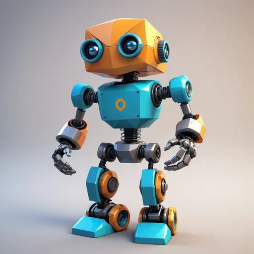 Prompt: A low-poly, cartoony robot character with one half in a smooth, metallic finish and the other half in a vibrant wireframe mesh. The robot playfully holds a gear in its hand, symbolizing creation and innovation.
Style: Pixar-inspired, playful, low-poly mesh
Colors: Vibrant primary and secondary colors