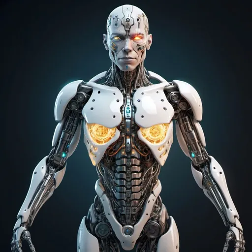 Prompt: Cyborg Transformation: A humanoid character with one half rendered in a realistic, anatomical style and the other half composed of intricate cybernetic components with glowing accents. This portrays a fusion of human and machine.
