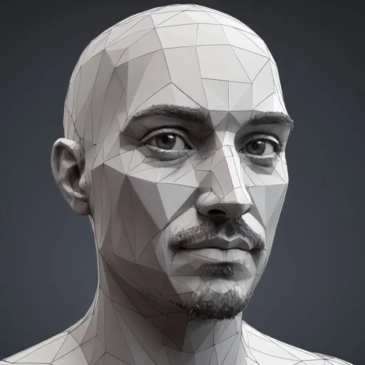 Prompt:  A 3D character formed from a blend of smooth, detailed sculpting on one half and a complex, low-poly mesh on the other. The smooth side could represent physical embodiment, while the mesh side reflects the digital foundation.