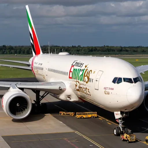 Prompt: Boeing 777-300ER emirates livery getting ready for takeoff on runway 25L