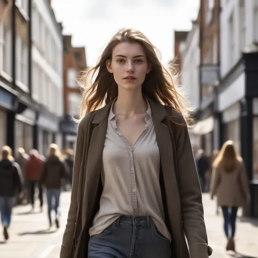 Prompt: Tall young woman walking down the high street, detailed clothing, realistic, natural lighting