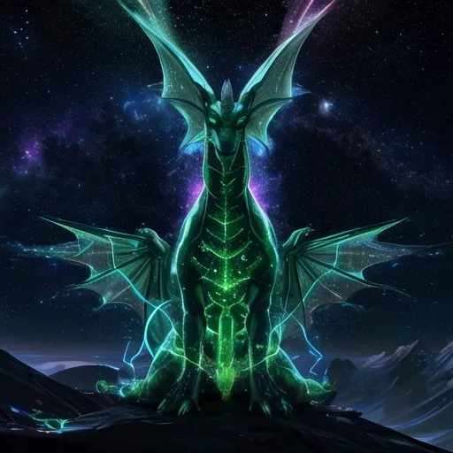 Prompt: (sleek aerodynamic emerald green crystal dragon), made from (cosmic dust), infused with (dark and light energy), large (ethereal emerald wings), adorned with (rune markings), featuring a (transparent body), set against a (night sky) with a (galaxy backdrop), filled with a (star-filled atmosphere) and (luminous energy streams), in breathtaking detail, (ultra-detailed), (high definition).