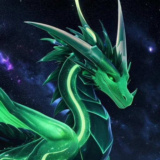 Prompt: (sleek aerodynamic emerald green crystal dragon), made from (cosmic dust), infused with (dark and light energy), large (ethereal emerald wings), adorned with (rune markings), featuring a (transparent body), set against a (night sky) with a (galaxy backdrop), filled with a (star-filled atmosphere) and (luminous energy streams), in breathtaking detail, (ultra-detailed), (high definition).