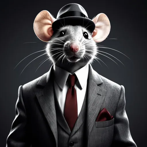 Prompt: I want you do create a image that contains a rat that has a human tall and I don't want him to be so realistic and i want him wearing a suit and he looks a little bit like a mafia