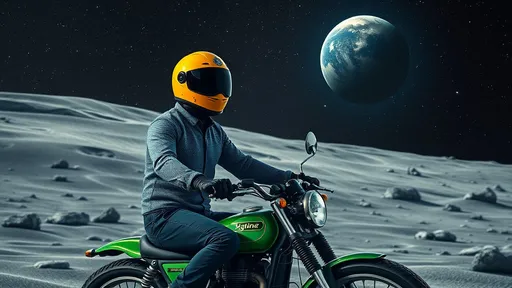 Prompt: photorealistic, (high resolution), gently rolling moonlike landscape, shadows cast by small rock formations, Earth prominently displayed in the upper right, twinkling stars blanketing the night sky, celestial ambiance, calm and tranquil atmosphere, (ultra-detailed), man in a yellow motorcycle helmet with an opaque black visor, fluoresent blue mesh armored jacket, black racing gloves, riding a green vintage Japanese motorcycle, ethereal light reflecting off the rocks, deep space tones with striking contrasts, serene exploration vibe.