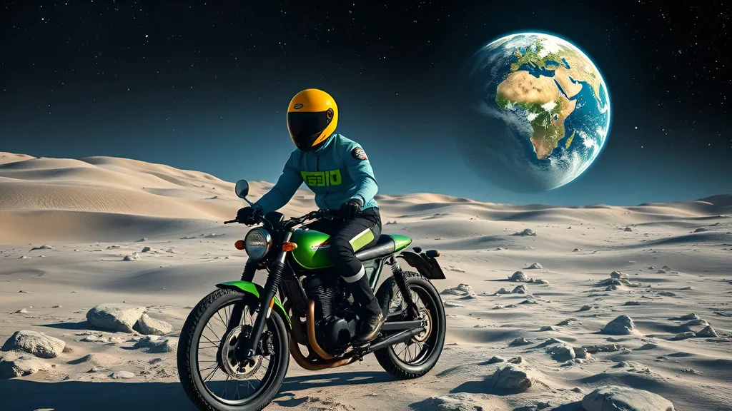 Prompt: photorealistic, (high resolution), gently rolling moonlike landscape, shadows cast by small rock formations, the Earth with dark blue oceans and brown continents prominently displayed in the upper right, twinkling stars blanketing the night sky, celestial ambiance, calm and tranquil atmosphere, (ultra-detailed), man in a yellow motorcycle helmet with an opaque black visor, bright fluorescent  blue mesh  bulky armored jacket with a bright green slogan on the chest, black kevlar pants with a white stripe, black racing gloves, riding a green vintage Japanese  retro cafe-racer style motorcycle with a front cowl, ethereal light reflecting off the rocks, deep space tones with striking contrasts, serene exploration vibe.