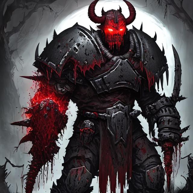 Prompt: The Bloodbane Berserker, Tall, robust, gray red and dark theme of color, he has a big armor around his body and a helmet on his face with holes for his eyes and a big hole for his mouth. His helmet have also holes for his horns
