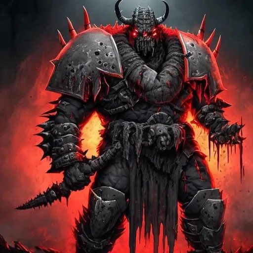 Prompt: The Bloodbane Berserker, Tall, robust, gray red and dark theme of color, he has a big armor around his body and a helmet on his face with holes for his eyes and a big hole for his mouth. His helmet have also holes for his horns
