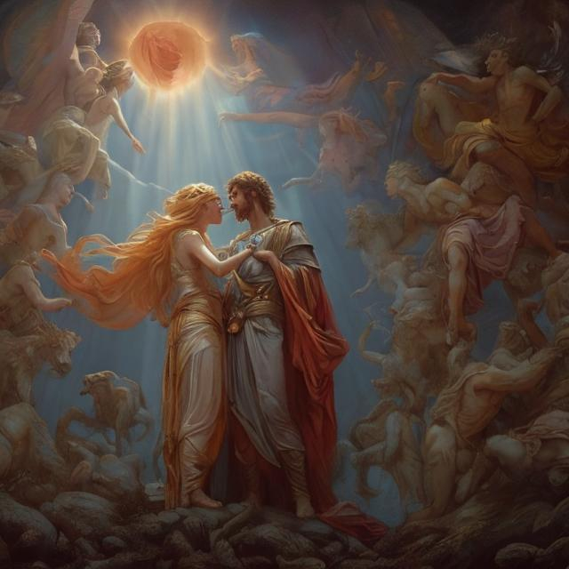 Prompt: Jonas and Eva mythological scene, oil painting, dramatic storytelling, ancient setting, mythical characters, divine and celestial, rich color palette, soft and ethereal lighting, high quality, oil painting, dramatic storytelling, ancient setting, mythical characters, divine and celestial, soft and ethereal lighting
