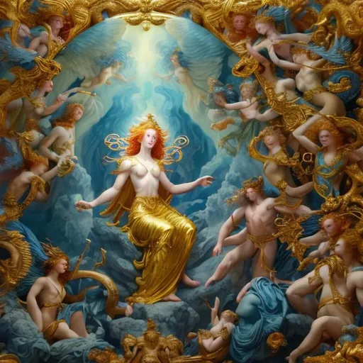 Prompt: Mythological scene of Jonas, wearing blue and gold and Eva with red curls, wearing red and green, oil painting, ancient Greek mythology, ethereal and majestic atmosphere, divine figures, detailed robes and golden accessories, vibrant and rich color palette, soft ethereal lighting, intricate patterns, high quality, oil painting, ancient Greek, ethereal atmosphere, divine figures, vibrant colors, soft lighting, intricate details

