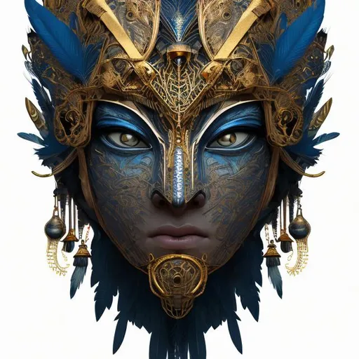 Prompt: Japanese-Egyptian fusion shaman face-mask, intricate gold and blue feathers, simplistic carvings, elegant, detailed highres, digital art, intricate design, mystical, gold and blue tones, professional, atmospheric lighting