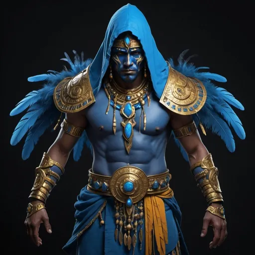 Prompt: a male shaman character, with a blue hood hiding half his face in shadows and falling down his chest underneath but leaving the arms and shoulders free. the shoulders have some kind of armor spiked with blue feathers, arms are nakes and with jewelery in gold. dark background, clothing of the shaman is colored mostly blue with golden details and feathers on arms, neck and shoulders, it looks like a combination of a shamanic costume and a armor, 