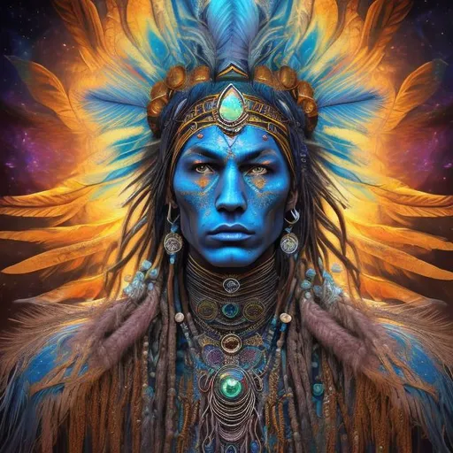 Prompt: Cosmic shaman man with beautiful face, vibrant blue and golden feathers, ethereal lighting, high-res, digital art, realism, cosmic, vibrant, detailed, professional, colorful, mystical aura, intricate details, mesmerizing gaze, intricate headdress, glowing energy, otherworldly beauty, radiant complexion, cosmic energy, professional digital art, high quality