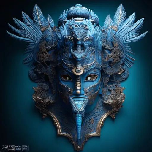 Prompt: Japanese-Egyptian fusion mask with intricate blue feathers, detailed carving, high-quality 3D rendering, ancient meets modern, vibrant blue tones, dramatic lighting, mythical essence, ornate design, mystical atmosphere, ethereal and enigmatic, highres, 3D rendering, detailed carving, vibrant blue, dramatic lighting, mythical, ornate design, mystical atmosphere