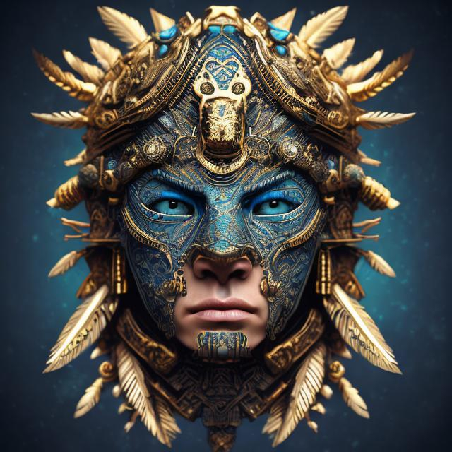 Prompt: Japanese-Aztec-Egyptian fusion shaman face-mask, intricate gold and blue feathers, simplistic carvings, elegant, detailed highres, digital art, intricate design, mystical, gold and blue tones, professional, atmospheric lighting