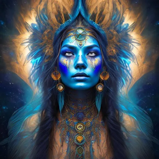 Prompt: Cosmic shaman woman with beautiful face, vibrant blue and golden feathers, ethereal lighting, high-res, digital art, realism, cosmic, vibrant, detailed, professional, colorful, mystical aura, intricate details, mesmerizing gaze, intricate headdress, glowing energy, otherworldly beauty, radiant complexion, cosmic energy, professional digital art, high quality