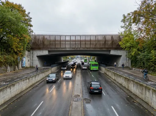 Prompt: Replace the existing bridge and roadway with a realistic modern road underpass scene based on the reference image. Create a true-to-life urban underpass with concrete structure, vehicles passing underneath, sidewalks and a bike path. Soft natural daylight, early autumn atmosphere, slightly overcast sky, just after rain. Wet asphalt with natural reflections, small puddles, damp concrete, subtle dirt, stains and weathering. Realistic traffic including cars and one city bus. Accurate shadows, global illumination, natural colors. Shot as a real photograph with a 35mm wide-angle lens from street level. High resolution, sharp focus, documentary street photography look. Make it look like a real camera photo, not CGI or illustration. Keep realistic proportions and perspective. Blend seamlessly with the surroundings.