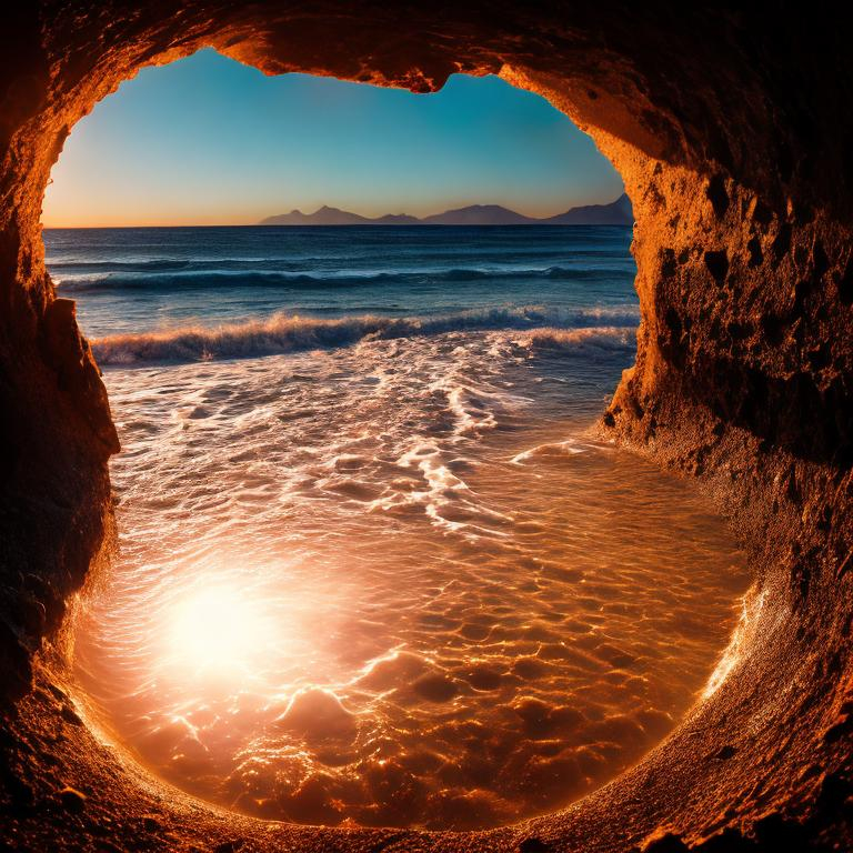 Prompt: Cinematic shot of a sunset over the mountains with the beach and the ocean in the background. The warm light of the sun gently baths the hole scene.