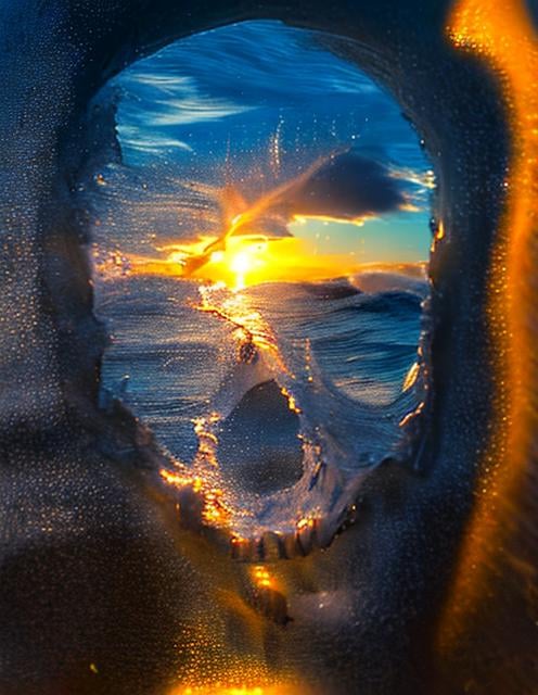 Prompt: Cinematic shot of a sunset over a wave in the ocean with the beach and the ocean in the background. The warm light of the sun gently baths the hole scene.