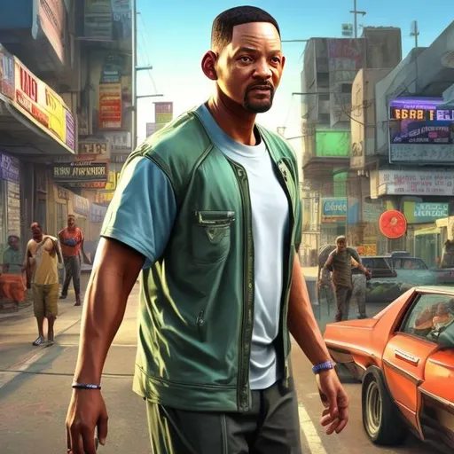 Prompt: Realistic digital painting of Will Smith as Carl 'CJ' Johnson from GTA San Andreas, vibrant urban street setting, detailed facial features and expressions, high quality, realistic, urban, vibrant, detailed facial features, professional, atmospheric lighting