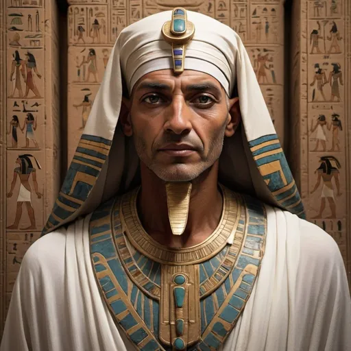 Prompt: a ancient Egyptian male  priest  very old ,mysterious figure cloaked in flowing robes, adorned with intricate patterns and symbols. Their eyes gleam with ancient knowledge, and a faint aura of magic surrounds them. They carry an air of wisdom and power, yet their expression hints at a depth of emotion hidden beneath their enigmatic façade."